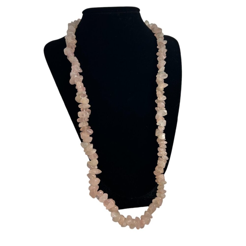 Rose Quartz Chip Bead Necklace Light Pink Polished Gemstone Long Strand 24”